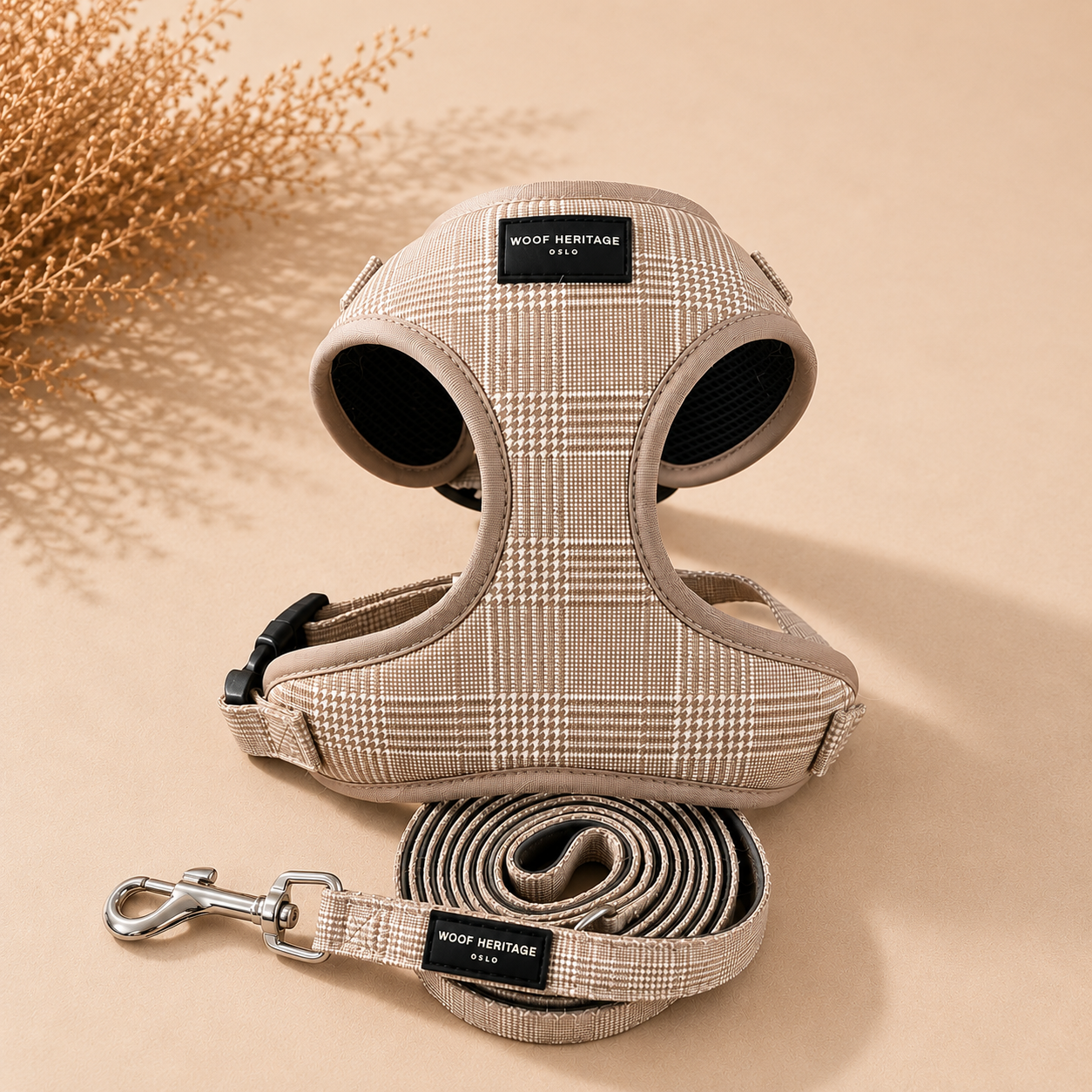 Bundle – Glen Check Sand | Hundesele + Bånd
