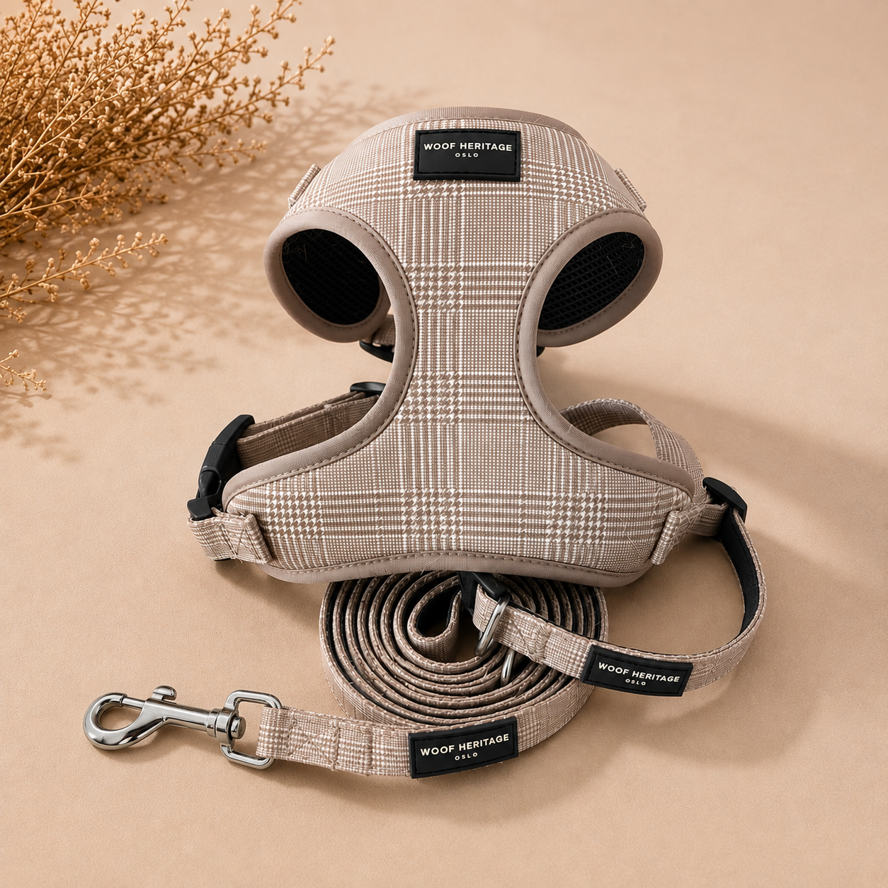 Bundle – Glen Check Sand | Halsbånd + Hundesele + Bånd