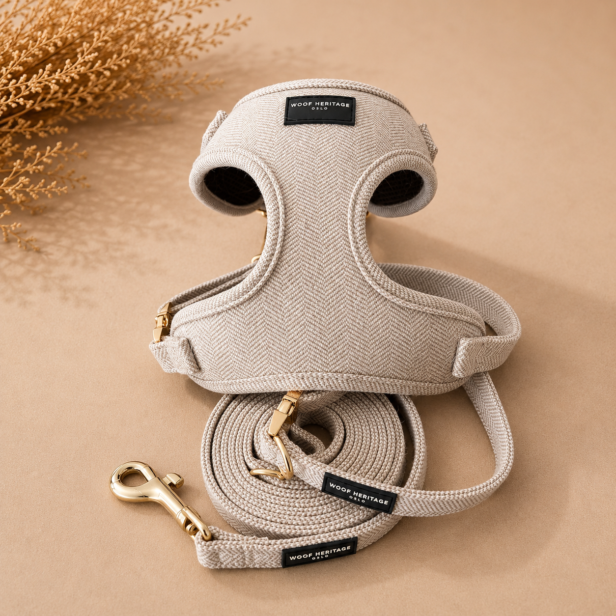 Bundle – Twill Sand | Halsbånd + Hundesele + Bånd